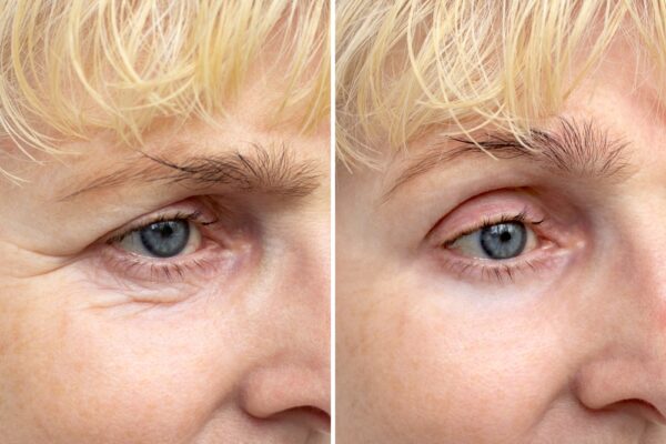 elderly woman with blonde hair close up of eyelids before and after blepharoplasty eyelid lift